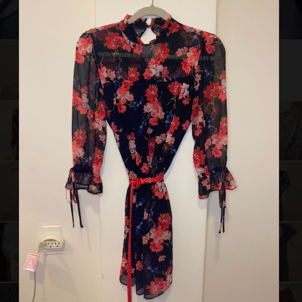 Black & red floral H&M dress with sheer sleeves